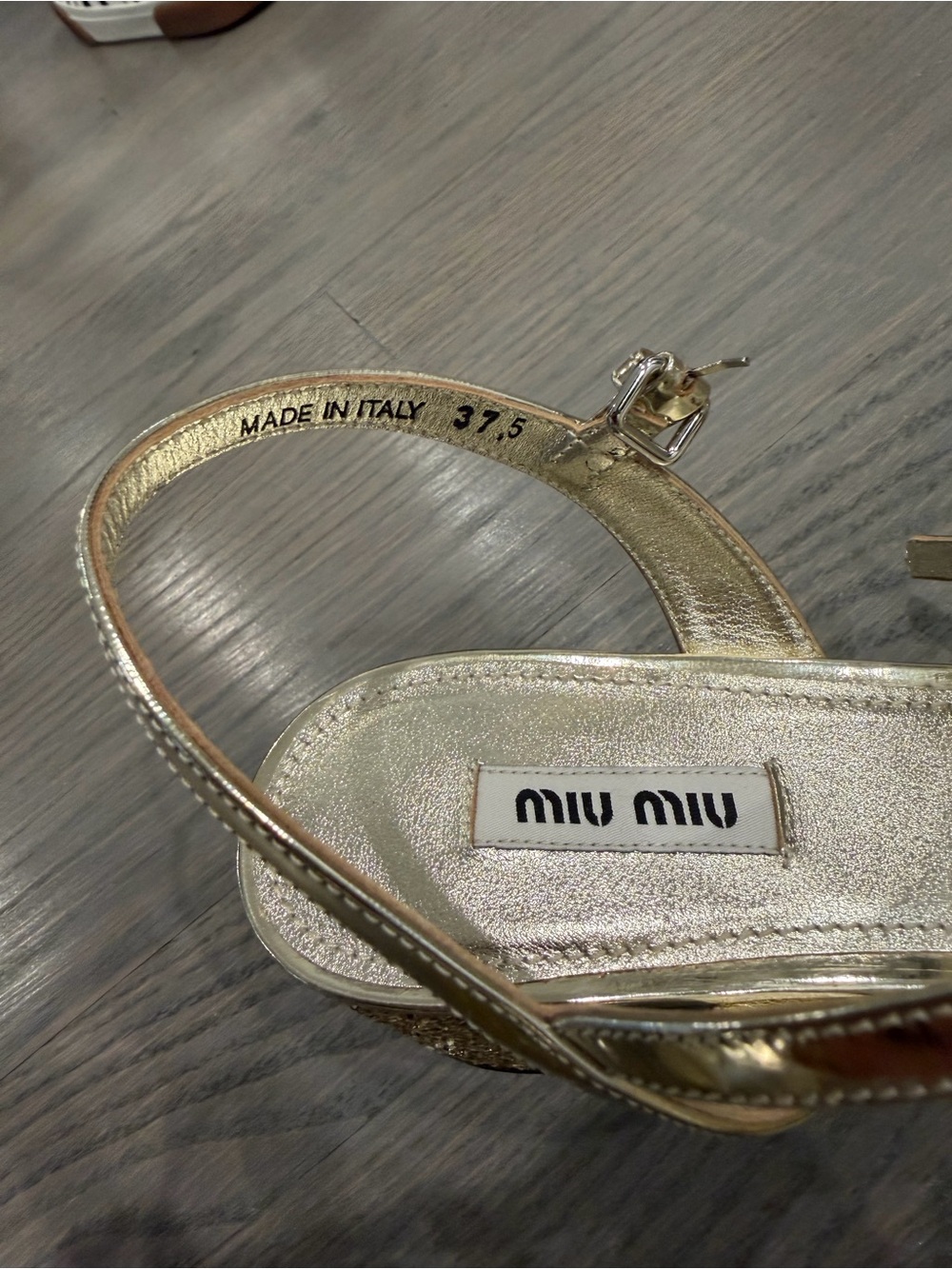 Miu Miu Gold Glitter Block Heel Sandal EU 37.5 Made in Italy - Picture 5 of 7
